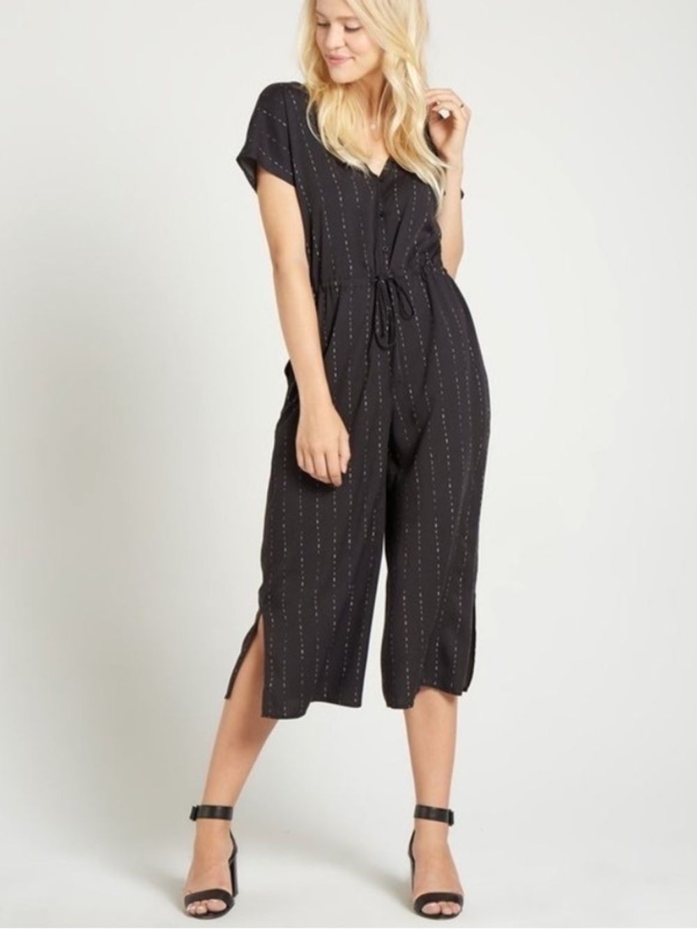 Anthropologie Cloth & Stone Wide Leg Split V Neck Jumpsuit Black Seed Stitch L